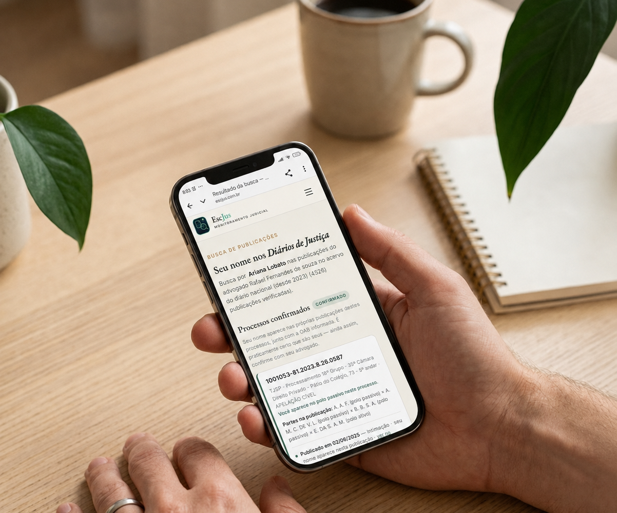 Celular na mão de uma pessoa exibindo o resultado da busca do EscJus: processos confirmados em nome da parte, com número do processo e data da publicação